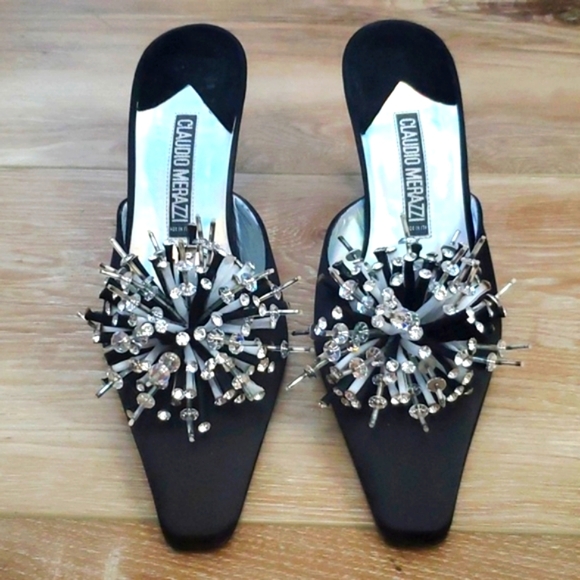 EUC Claudio Merrazi Glitzy Satin Kitten Heel Mules - Picture 4 of 11